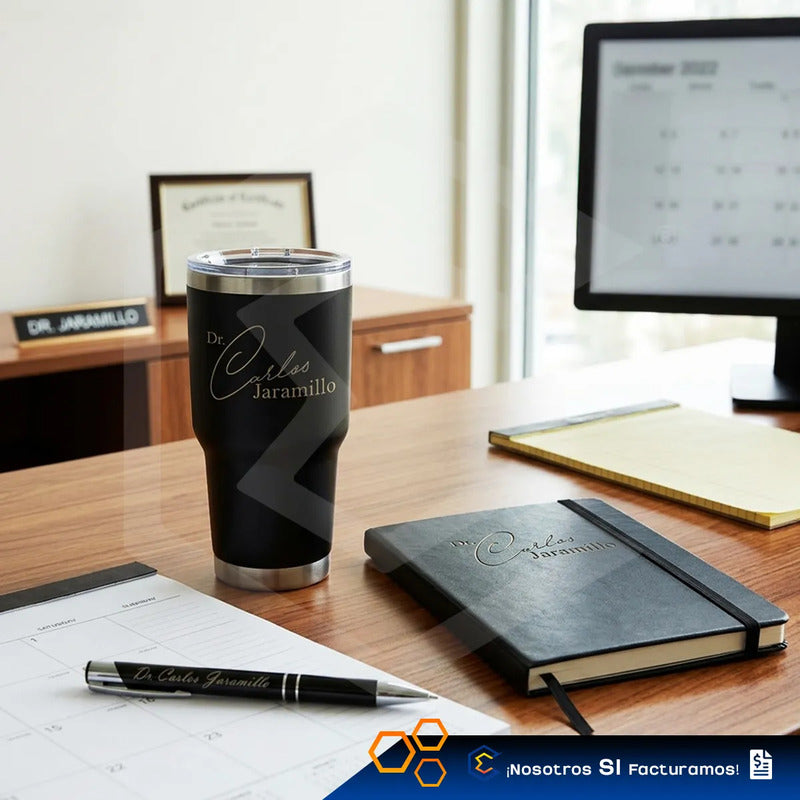 Kit Termo Libreta Pluma Personalizado Láser Nombre Logo 30oz Negro