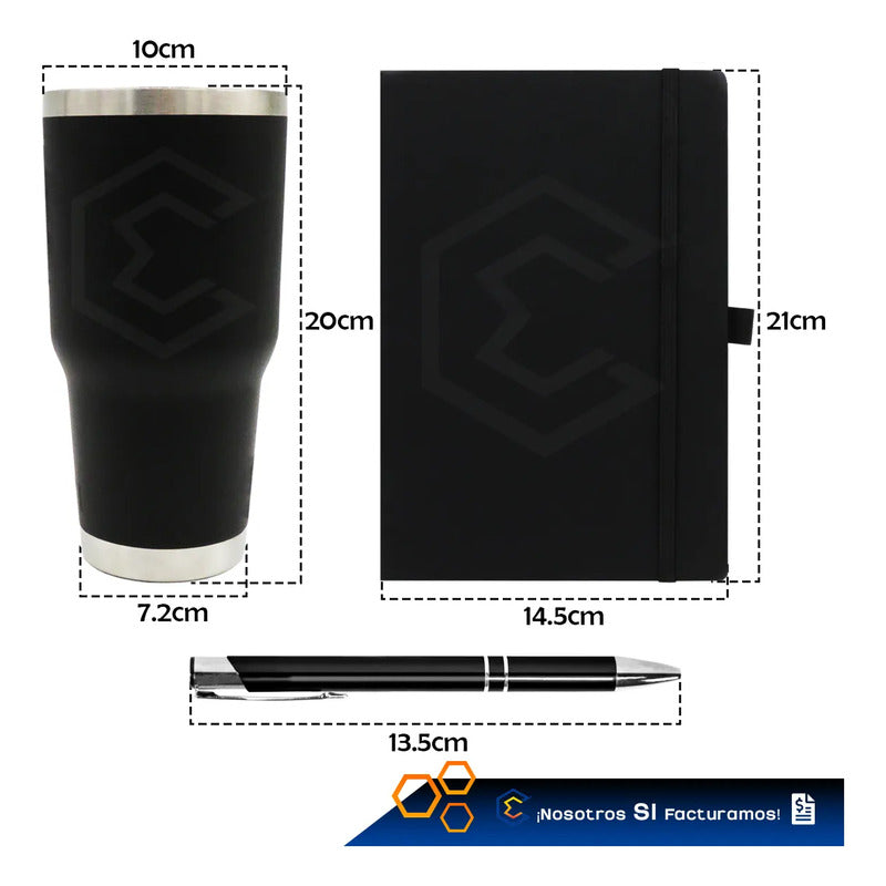 Kit Termo Libreta Y Pluma Personalizados Láser Para Regalo Negro