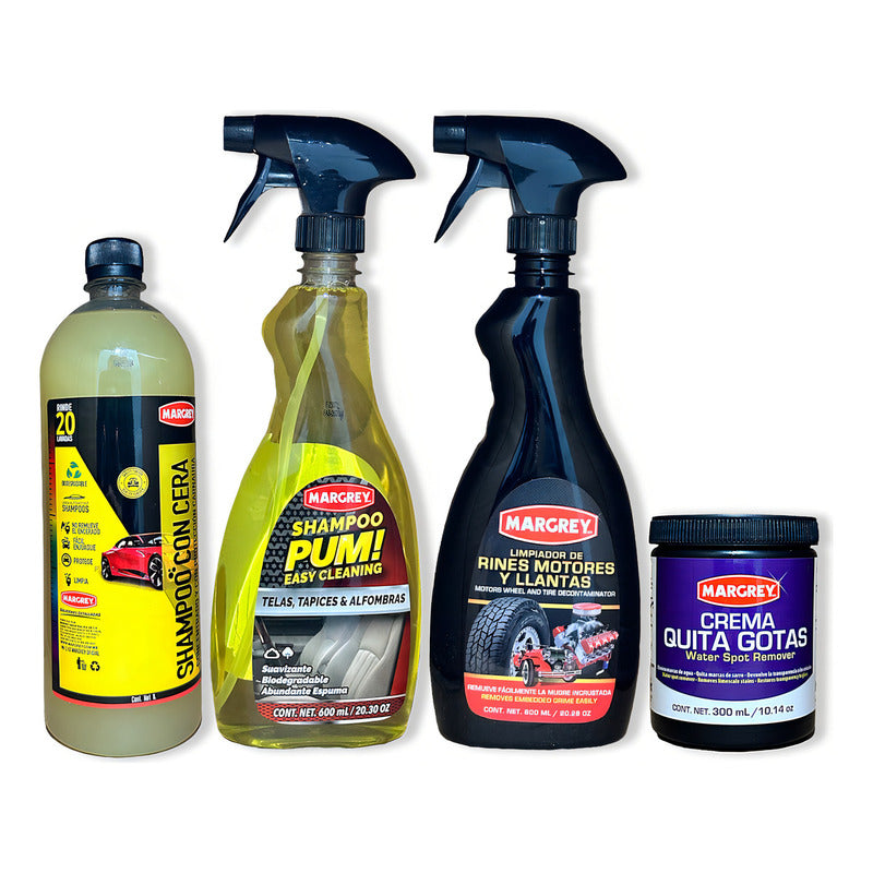 Combo Detallado Margrey: Shampoo Cera 1l + Limpiador Rines + Crema Quita Gotas