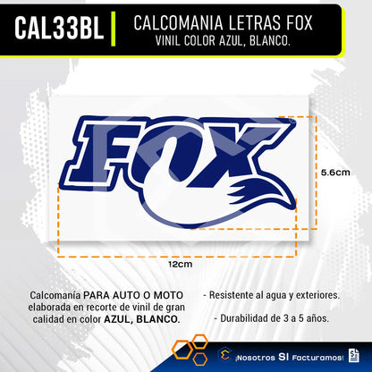 Calcomanía Fox Zorro Azul Letras Sticker Vinil Auto 12cm