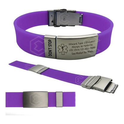 Kit 2 Pulsera Identificación Personalizada Emergencia Láser Morado