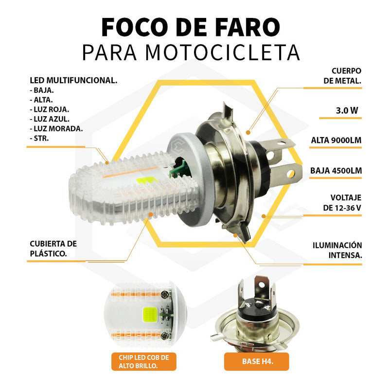 Foco Moto H4 108 Leds Cob Ba20d 6 Funciones 2 Caras Rgb H4