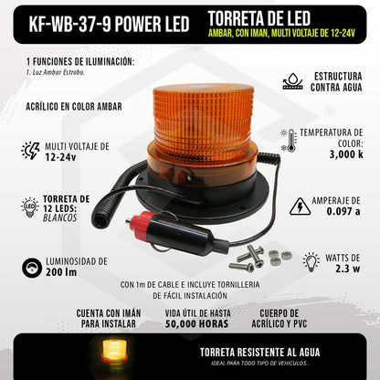Torreta De Led Ambar Estrobo Uso Rudo Con Iman Ip67 12-24v