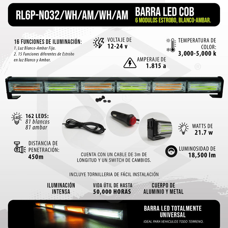 Barra Torreta Led Cob 6 Módulos Estrobo Código 16 Funciones