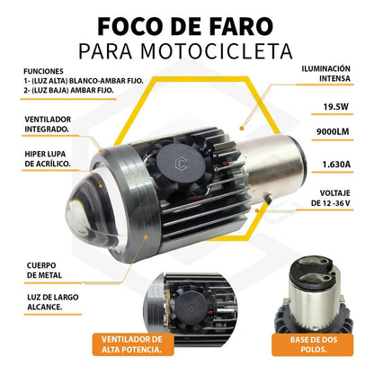 Foco Moto H4 Lupa Con Ventilador Ba20d Bicolor 6 Leds Csp