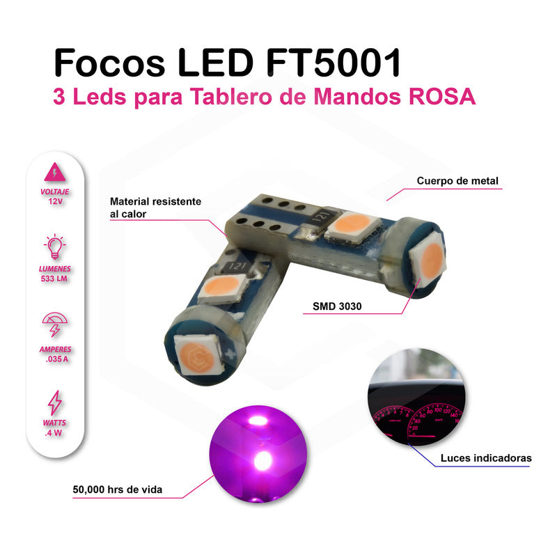 Kit 10 Focos 3 Leds Tablero Mandos T5 3030 3w 12v Colores