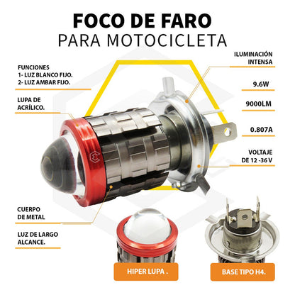 Foco Moto H4 Lupa Proyector Bicolor 6 Leds Csp 2 Funciones H4