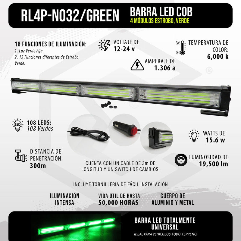 Barra Torreta Led Cob 4 Módulos Estrobo Código 16 Funciones