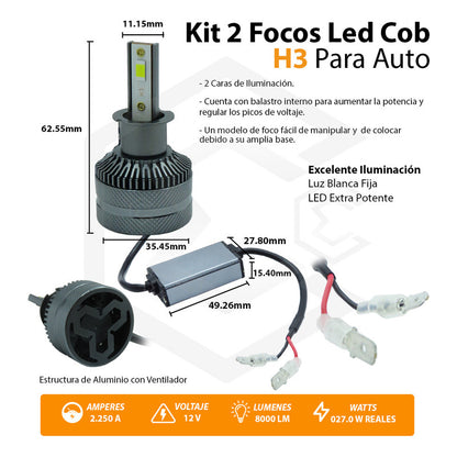 Kit Focos H3 12 Leds Csp 9-30v 27w Reales Alta Baja 8000lm H3