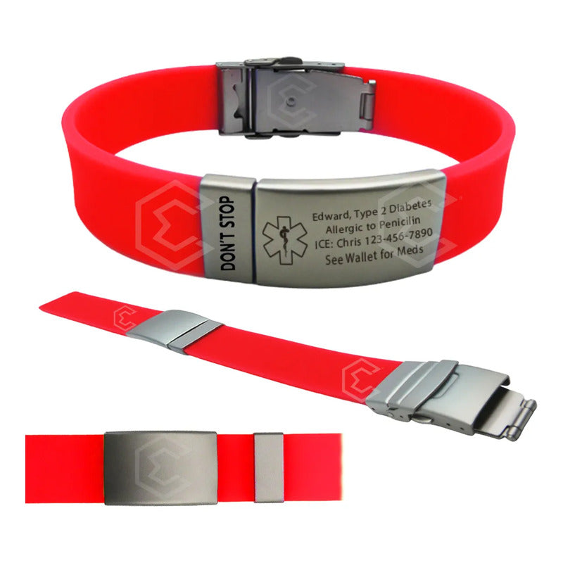 Pulsera Identificación Personalizada Emergencia Grabadoláser Rojo