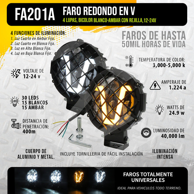 Par De Faros 7'' 30 Leds 4 Lupas Bicolor En V Rejilla 12-24v