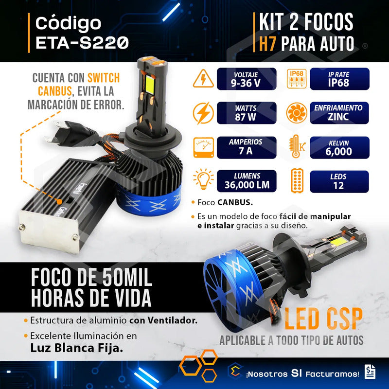 Kit 2 Focos 12 Leds Canbus Ventilador Alta Baja 36,000lm 87w H7