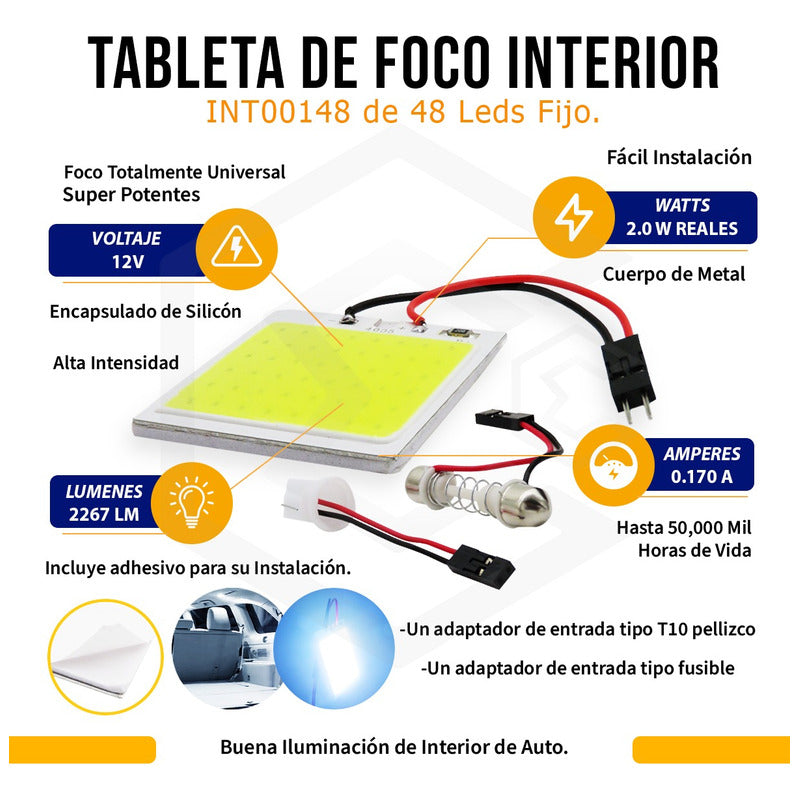 2 Placa Luz Interior Para Coche 24 48 Leds Cob 2 Adaptadores
