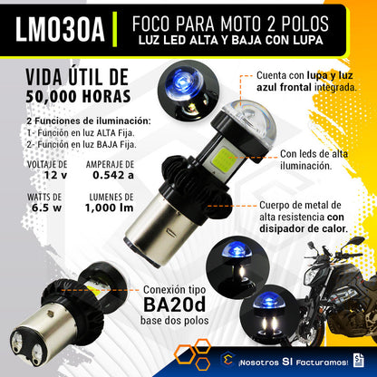Foco Moto Ba20d 30 Led Cob Alta Y Baja Lupa Blanca 6.5w 12v