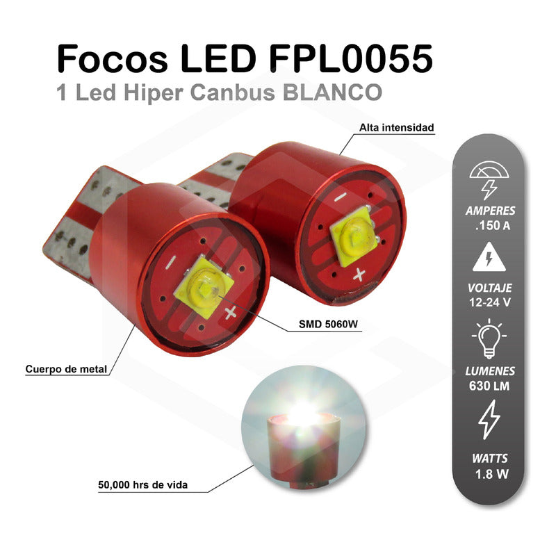 Kit 10 Focos De Pellizco T10 1 Led Hiper Canbus No Error 12v T10 Blanco Frío
