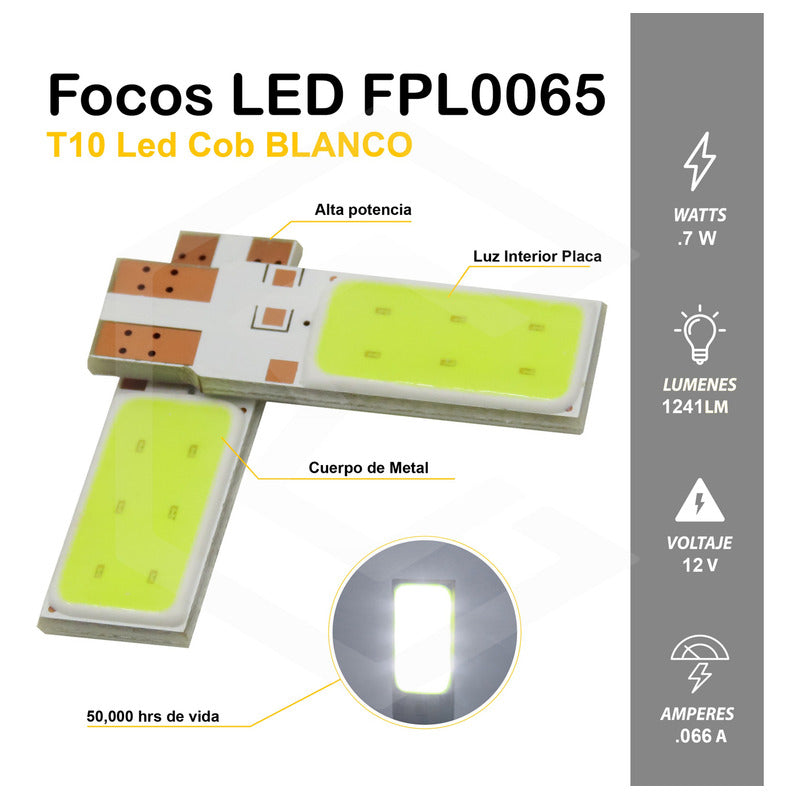 Par De Focos Pellizco T10 Led Cob Luz Interior Placa 12v