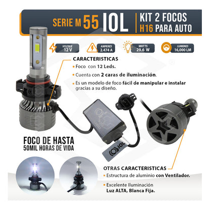 Kit Focos H16 12 Led Csp 9-30v 29.6w Real Alta Baja 8000lm H16