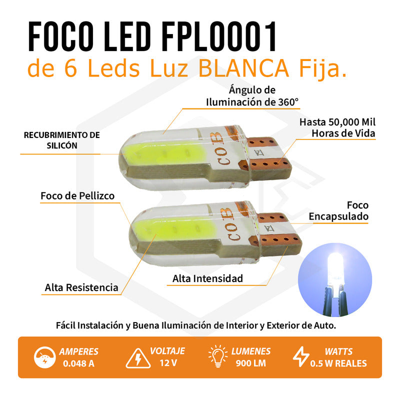 Kit 5 Pares Focos Led Cob Grande Pellizco T10 Silicon Auto