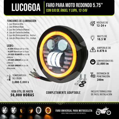 Faro Para Moto Redondo 5.75'' Pulgadas Ojo Ángel Csp 12-24v Transparente
