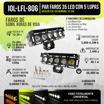 Par Faros 35 Led Con 5 Lupas Bicolor Fijo Ojo Demonio 12-24v