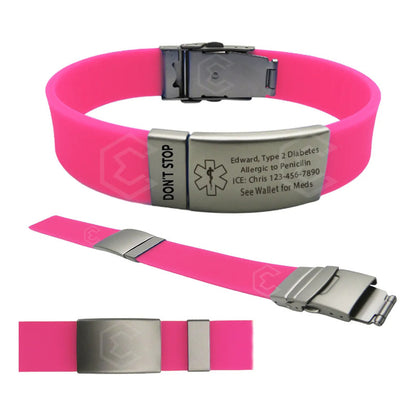 Kit 4 Pulsera Identificación Personalizada Emergencia Láser Rosa Fosfo