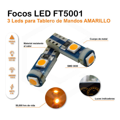 Kit 10 Focos 3 Leds Tablero Mandos T5 3030 3w 12v Colores