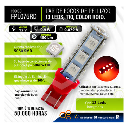 Par De Focos Pellizco 13 Leds 5050 T10-158 Cuartos Stop 12v