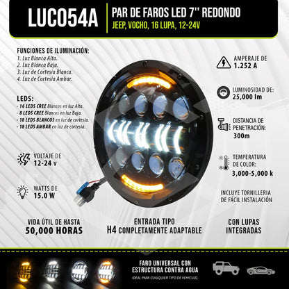 Par Faros Led 7'' Pulgadas Redondo Jeep Vocho 16 Lupa 12-24v