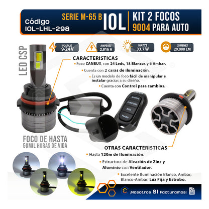 Kit 2 Focos 9004 24 Led Alta Y Baja Tricolor Control Nitroge 9004