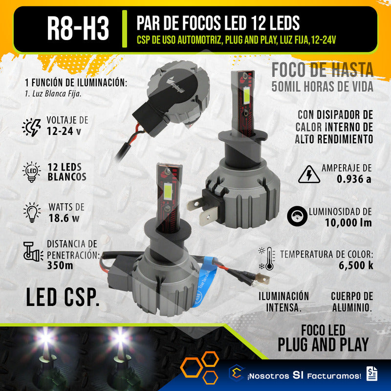Kit Focos 12 Leds H3 Alta Baja Plug And Play 10,000lm 12-24v H3