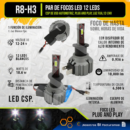 Kit Focos 12 Leds H3 Alta Baja Plug And Play 10,000lm 12-24v H3