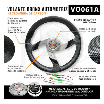 Volante Deportivo Universal Metal Fibra De Carbon Con Negro