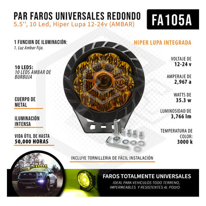 Faros Universales Redondo 5.5'' 10 Led Hiper Lupa 12-24v