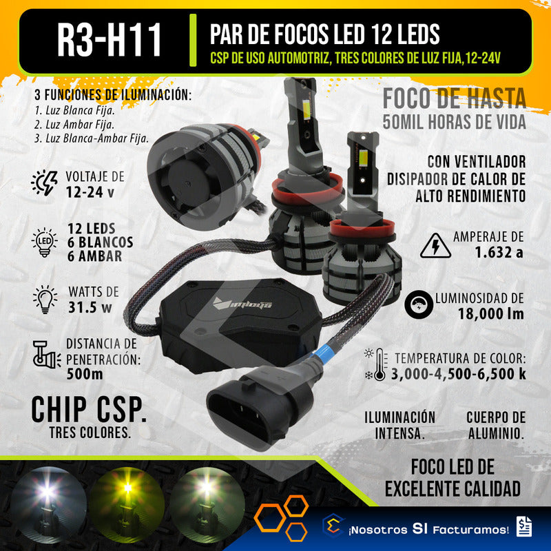 2 Focos Led H11 Ventilador Alta Baja Tricolor 18000lm 12-24v H11