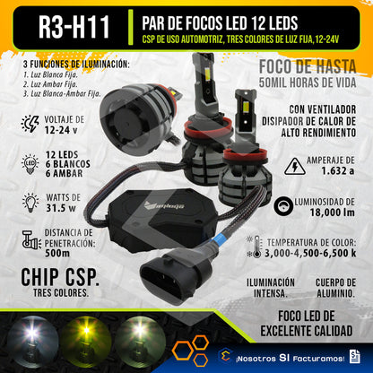 2 Focos Led H11 Ventilador Alta Baja Tricolor 18000lm 12-24v H11
