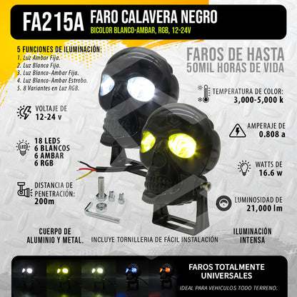 Par Faros 18 Leds 2 Lupas Rgb Calavera 12 Funciones 12-24v