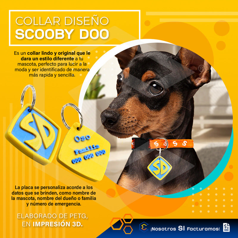 Placa Identificación Personalizado Perro Scooby Doo 3d Petg Azul Y Amarillo