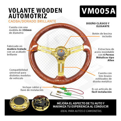 Volante De Madera Automotriz Universal Dorado Brillante 35cm