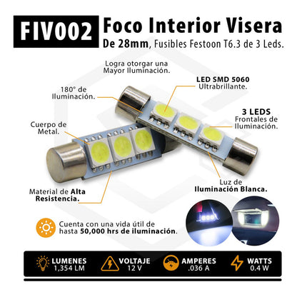 4 Focos Fusibles Festoon 28mm 31 Mm T6.3 Con 3 Led Viseras