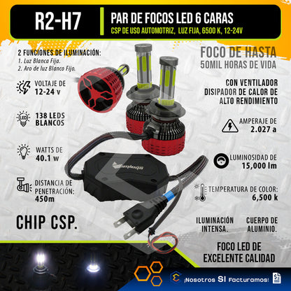 2 Focos Led H7 Ventilador Alta Baja Aro Luz 15,000lm 12-24v H7