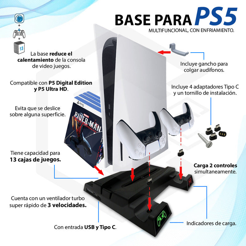 Base Para Ps5 Con Ventilador Y Soporte De Carga 2 Mandos 13j Blanco