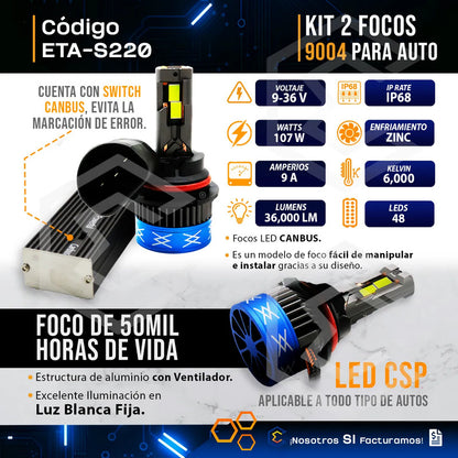 2 Focos 48 Led 9004 Canbus Ventilador Alta Baja 36000lm 107w 9004