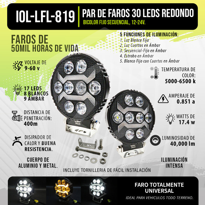 Par De Faros 17 Leds Redondo Bicolor Fijo Secuencial 12-24v