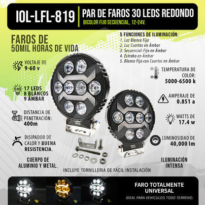 Par De Faros 17 Leds Redondo Bicolor Fijo Secuencial 12-24v