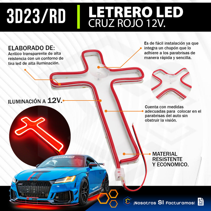 Figura Cruz Led Luz Neon Parabrisas Chupón Grande 26cm 12v