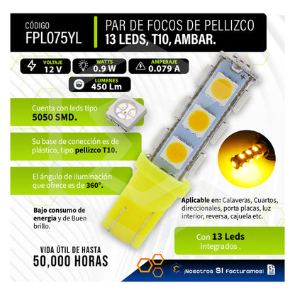 Kit 10 Focos Pellizco 13 Leds 5050 T10-158 Cuartos Stop 12v