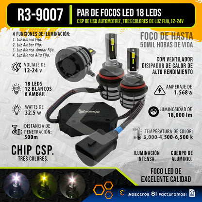 2 Focos Led 9007 Ventilador Alta Baja Tricolor 18000lm 12-24 9007