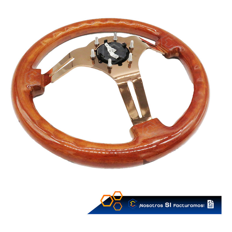 Volante De Madera Automotriz Universal Centro Oro Rosa 35cm