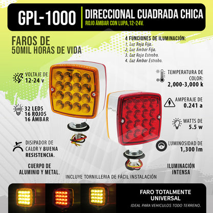 Par De Plafón Direccional Cuadrada 32 Leds Rojo Ámbar 12-24v