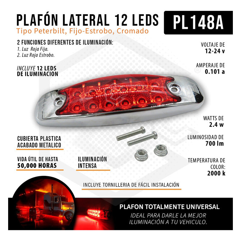 3 Plafón Lateral 12 Leds Tipo Peterbilt Fijo Estrobo Cromado